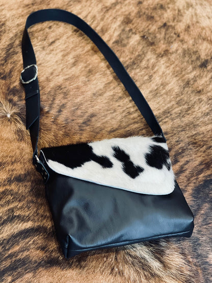 Black white Cowhide Leather Crossbody