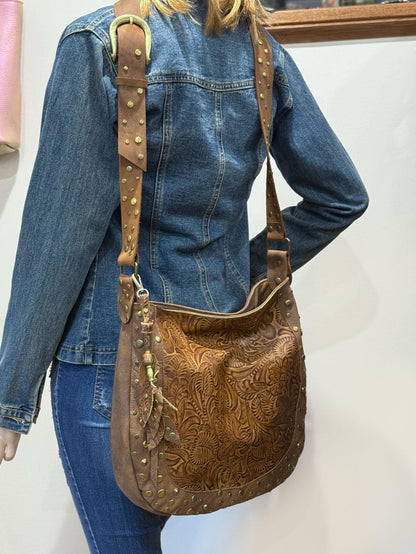 Studded Tooled brown Leather Hobo crossbody or shoulder Bag, 1 IN STOCK