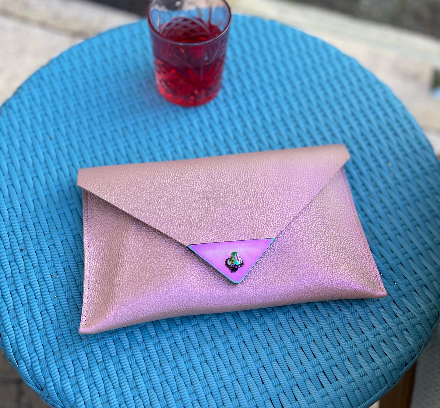 Iridescent Pink Leather clutch, Metallic, iridescent clutch purse