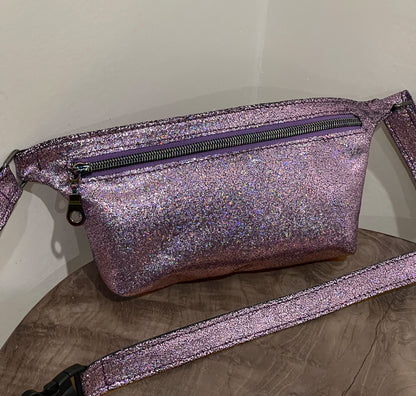 Metallic iridescent pink leather bum bag, Leather fanny pack