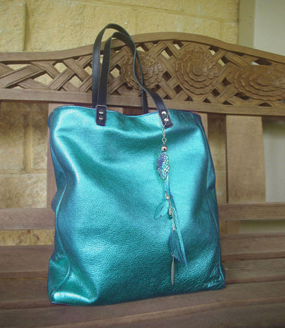 Metallic Turquoise Leather Tote, free leather zipper purse