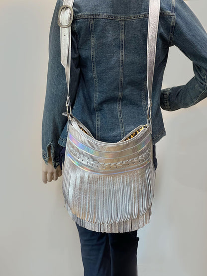 Metallic silver Leather Fringe Bag, beaded boho braided leather