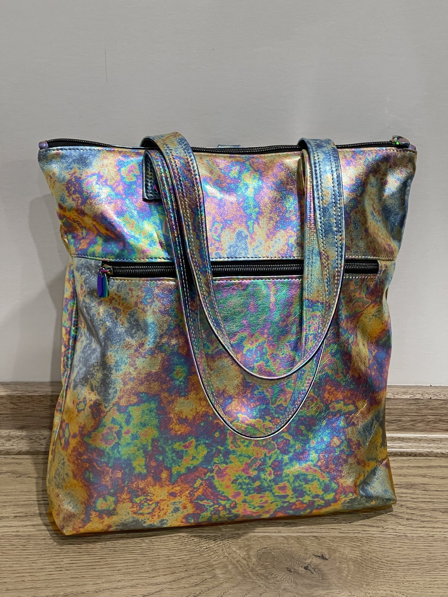 Metallic Oil Slick leather backpack and tote, FREE purse