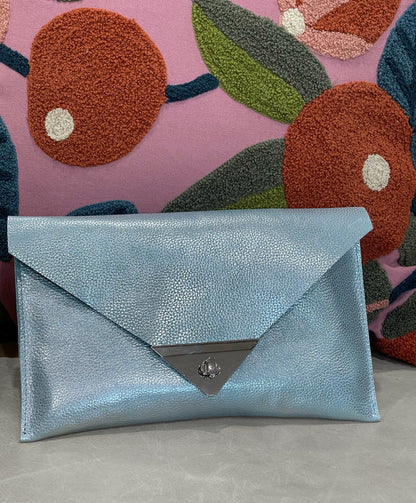 Light iridescent blue and Silver Metallic Leather clutch
