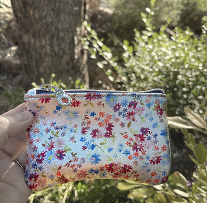 Metallic ditsy floral coin purse, small print on silver leather gift idea