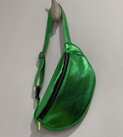 Metallic Green Leather hip bag, Soft unlined waist bag