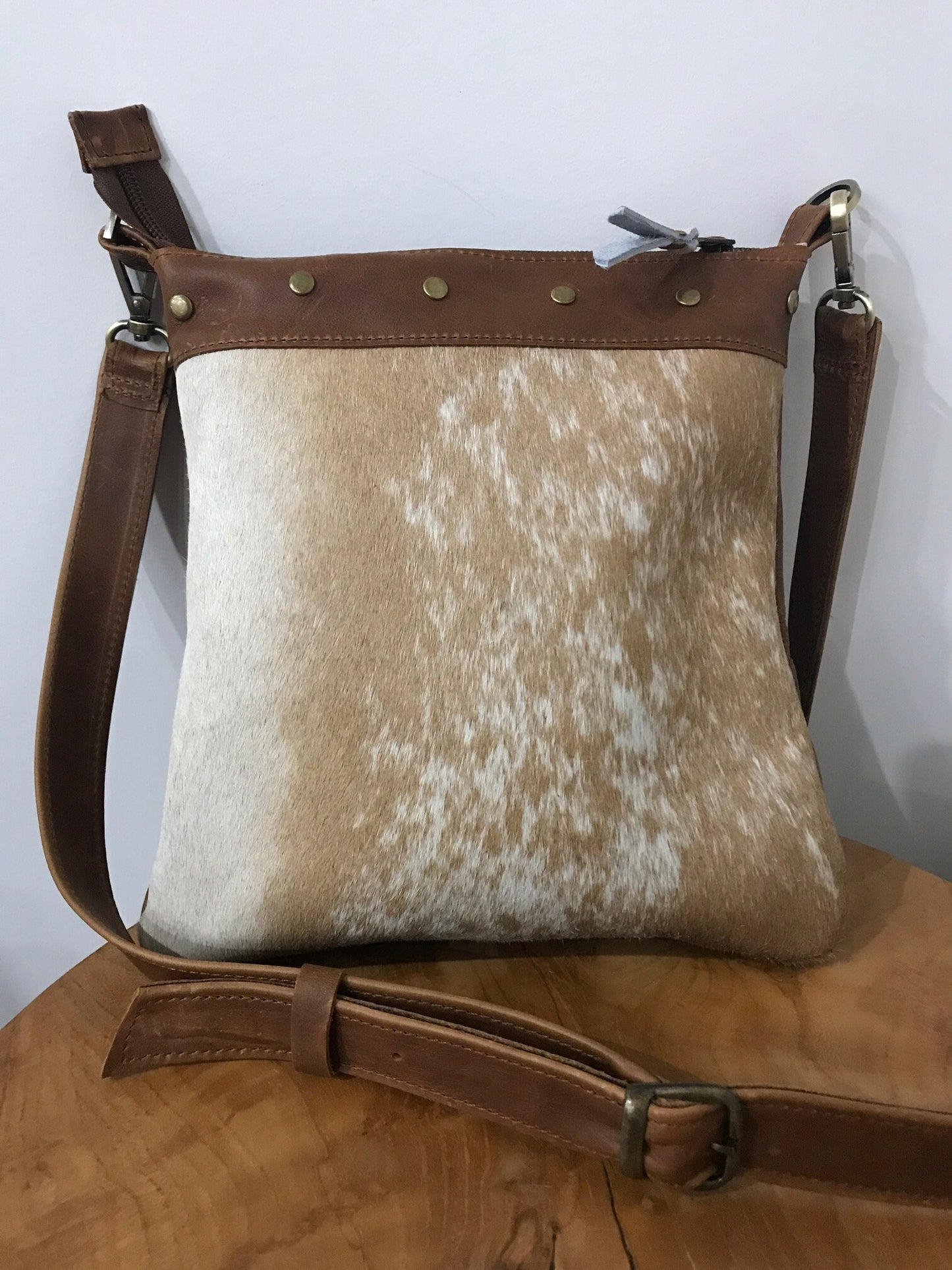 Cowhide Leather Tan Crossbody, soft short hair IN STOCK