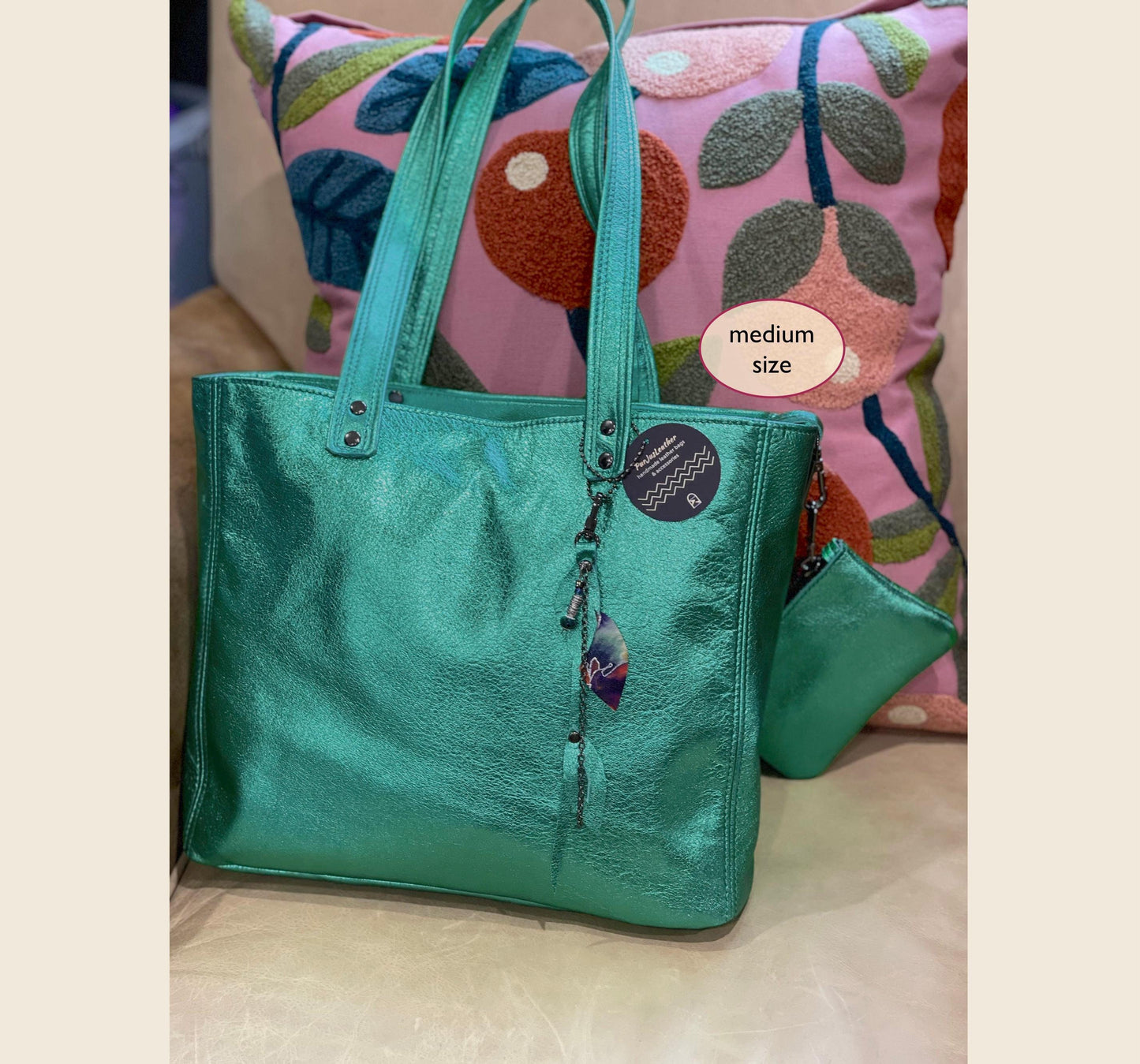 Emerald Green Metallic Leather Tote, zipper pocket and free leather purse