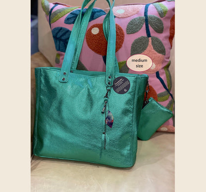 Emerald Green Metallic Leather Tote, zipper pocket and free leather purse