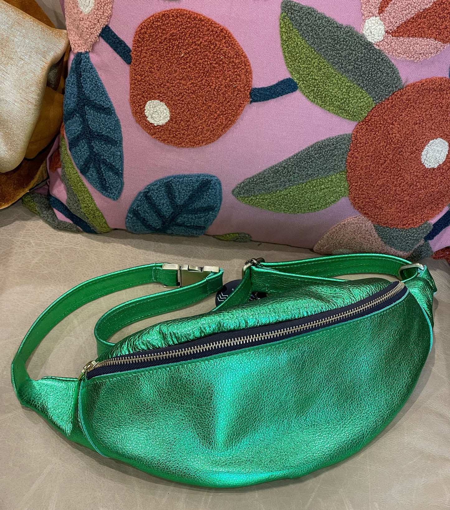 Metallic Green Leather hip bag, Soft unlined waist bag
