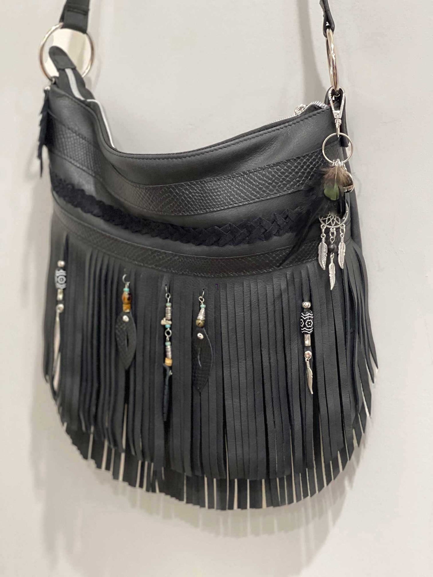 Black Double Fringe Bag, boho braided leather