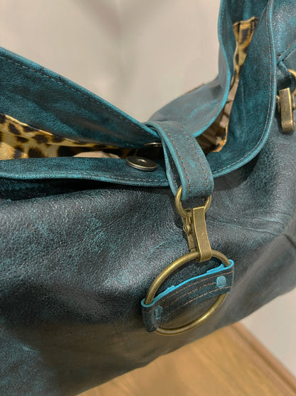 Distressed dark teal Leather Crossbody Bag