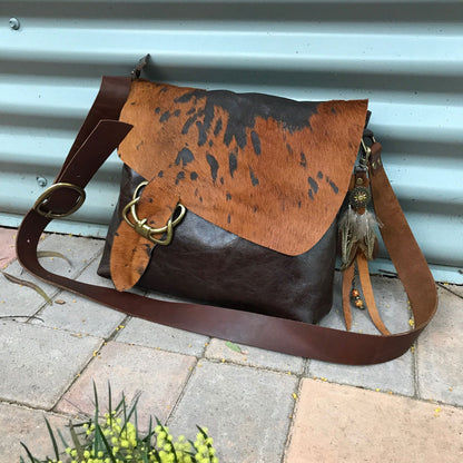 Cowhide Celtic Leather Crossbody, wide strap, vintage brown leather, OOAK IN STOCK