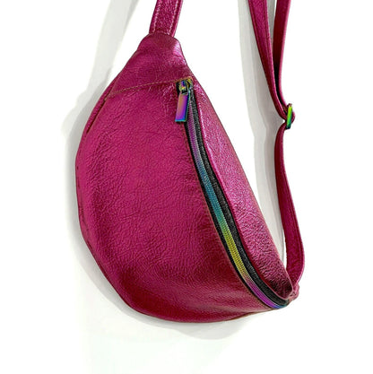 Metallic Hot Pink Leather waist bag, Soft unlined crescent fanny pack, bum bag