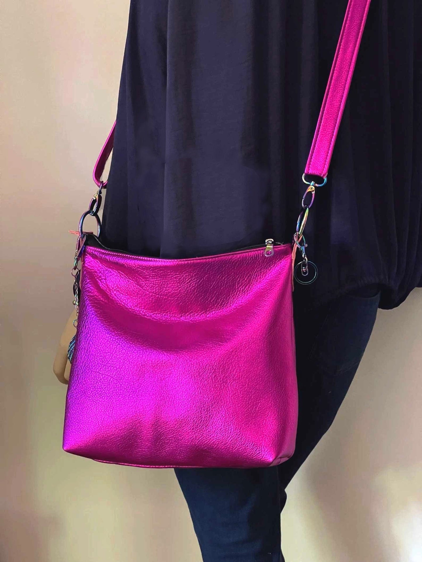 Metallic fuchsia pink crossbody bag