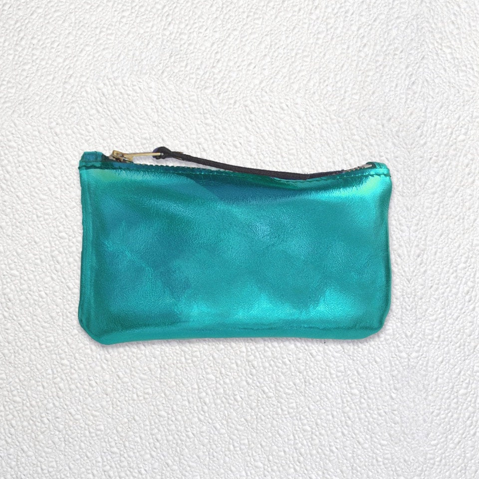 Turquoise Metallic leather zipper coin purse