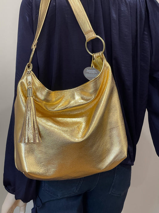 Metallic gold crossbody bag, true gold, premium soft metallic leather