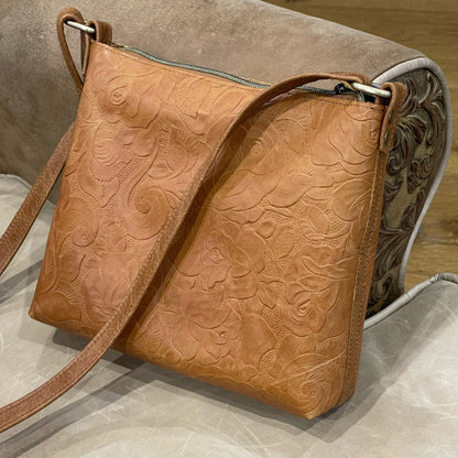 Tooled Natural Tan Leather Rustic Crossbody Bag, Embossed Floral IN STOCK