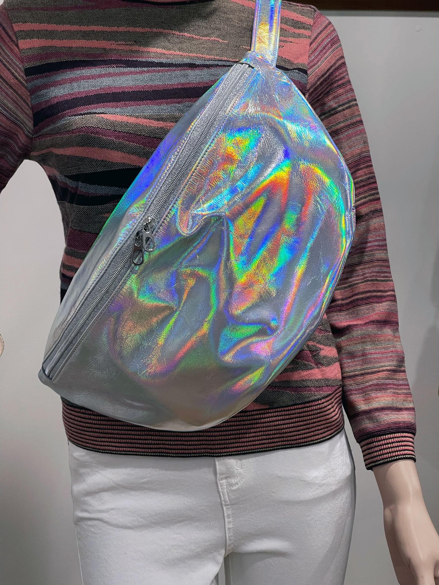 Holographic Oversized Sling bag, Italian Leather