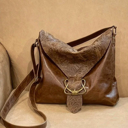 Tooled Brown Celtic Buckle leather crossbody with flap