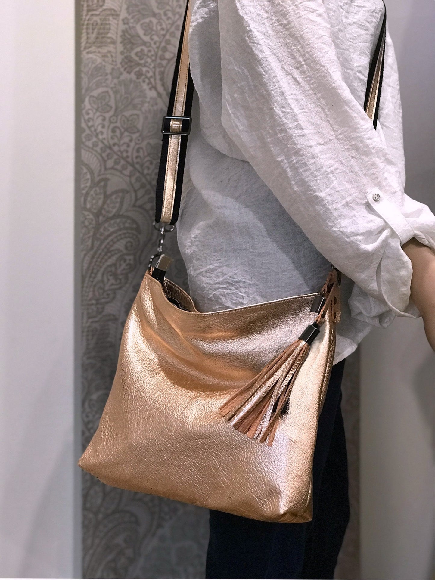 Rose Gold metallic crossbody bag, peach metallic leather