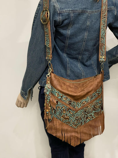 Tooled turquoise and brown Leather Fringe Bag