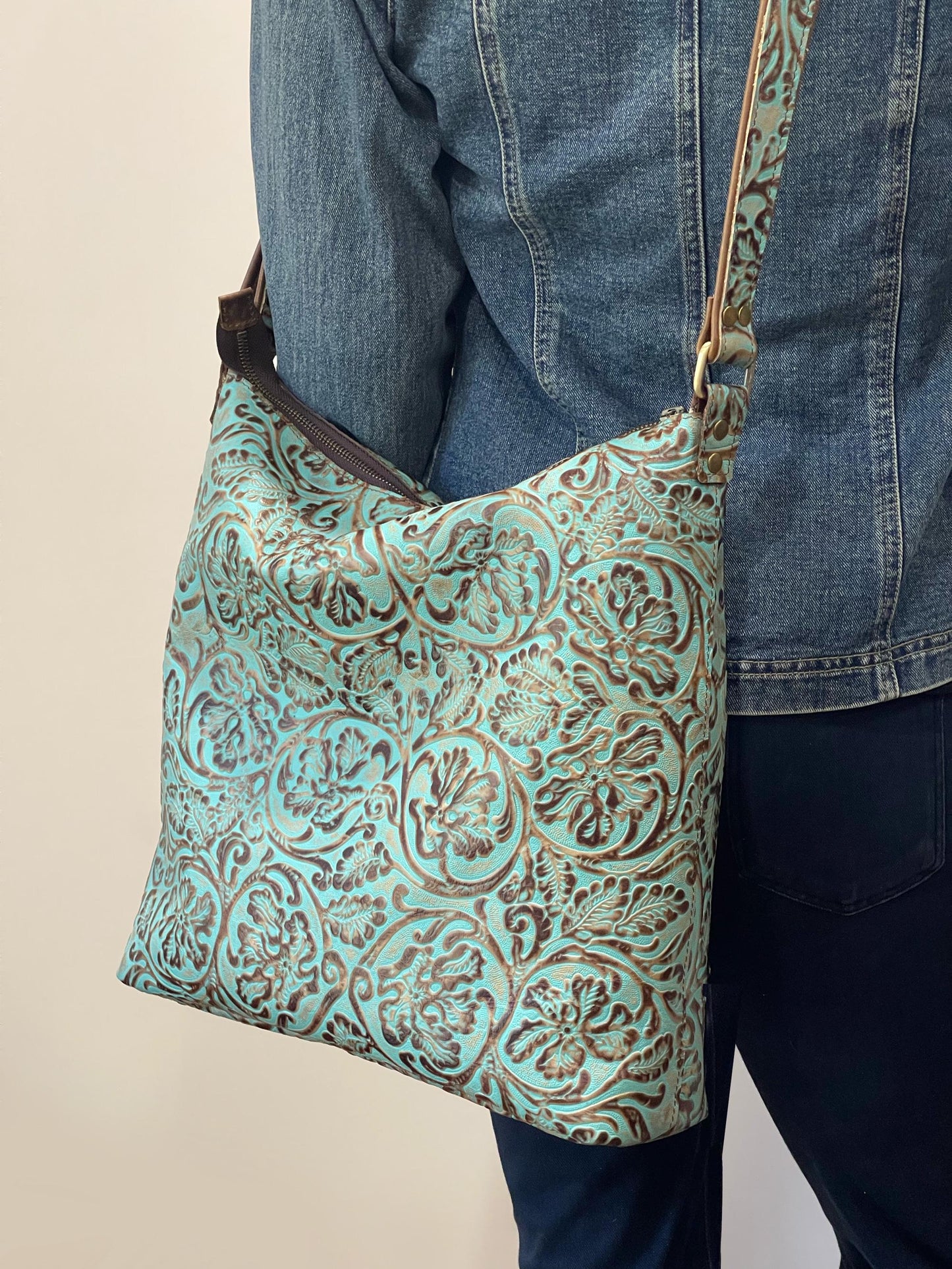 Tooled Turquoise Leather Crossbody Bag, Embossed
