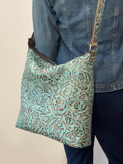 Tooled Turquoise Leather Crossbody Bag, Embossed