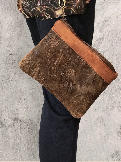 Tooled Leather Wristlet, Australian western floral embossed clutch