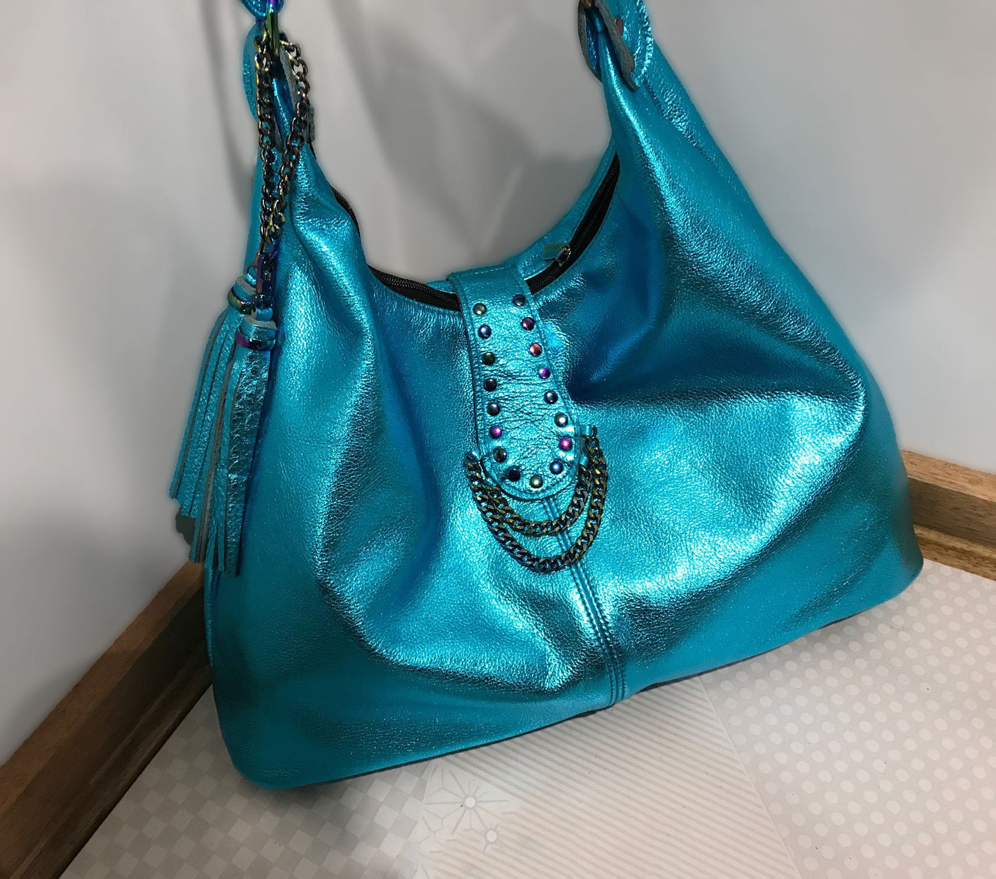 Rainbow hardware Metallic turquoise Italian Hobo, 2 sizes