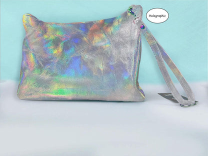 Metallic leather Wristlet, softest leather zipper purse