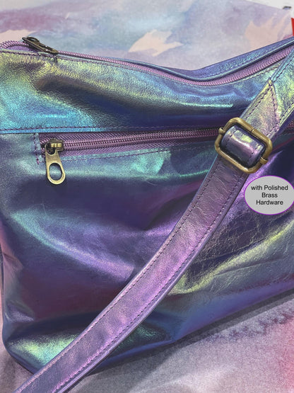 Metallic Rainbow Aurora Australis purple leather crossbody bag