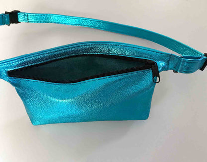 Metallic turquoise Leather waist bag, Soft pebble leather