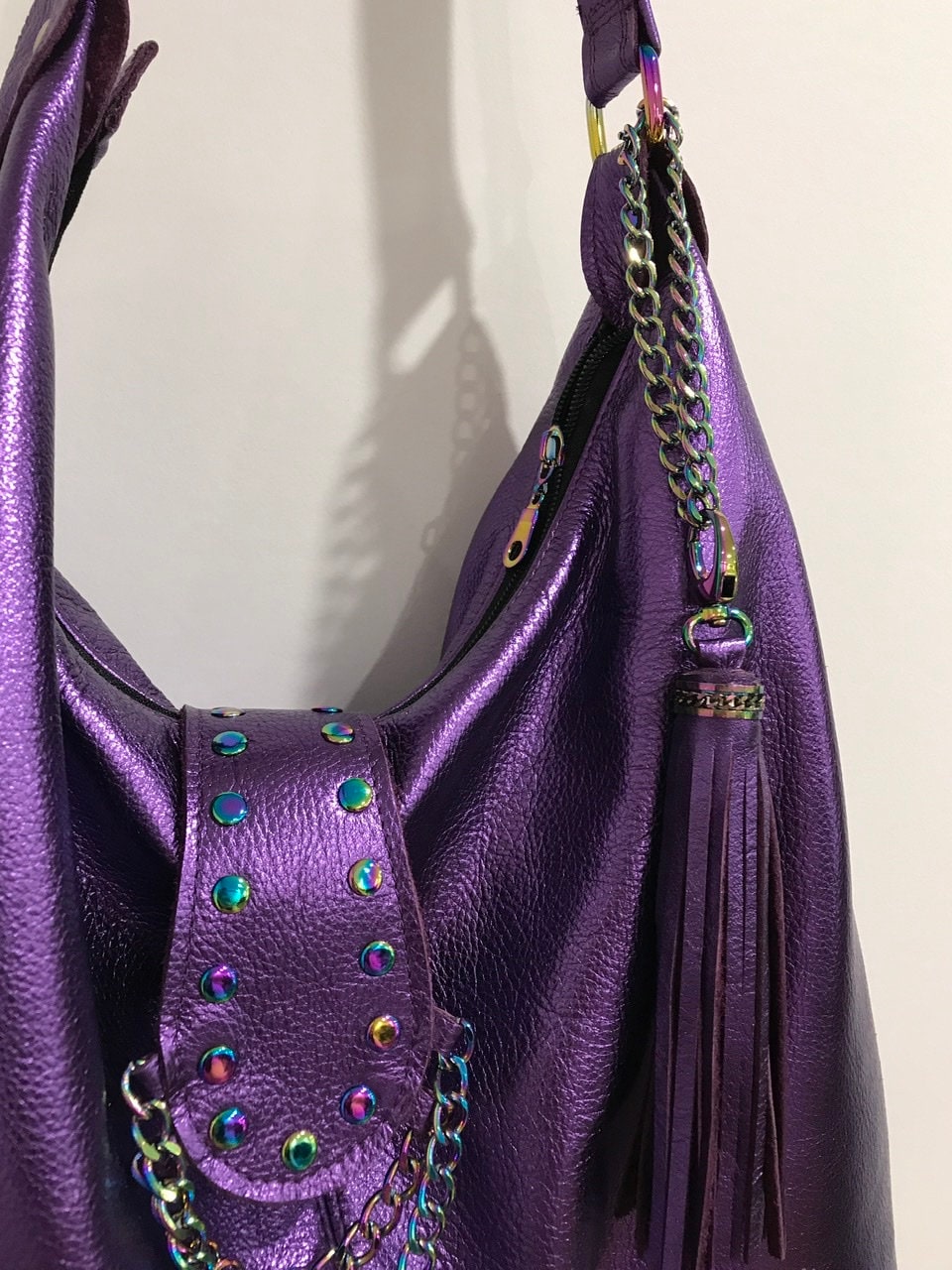 Metallic Purple Italian Hobo Shoulder Bag with Rainbow hardware