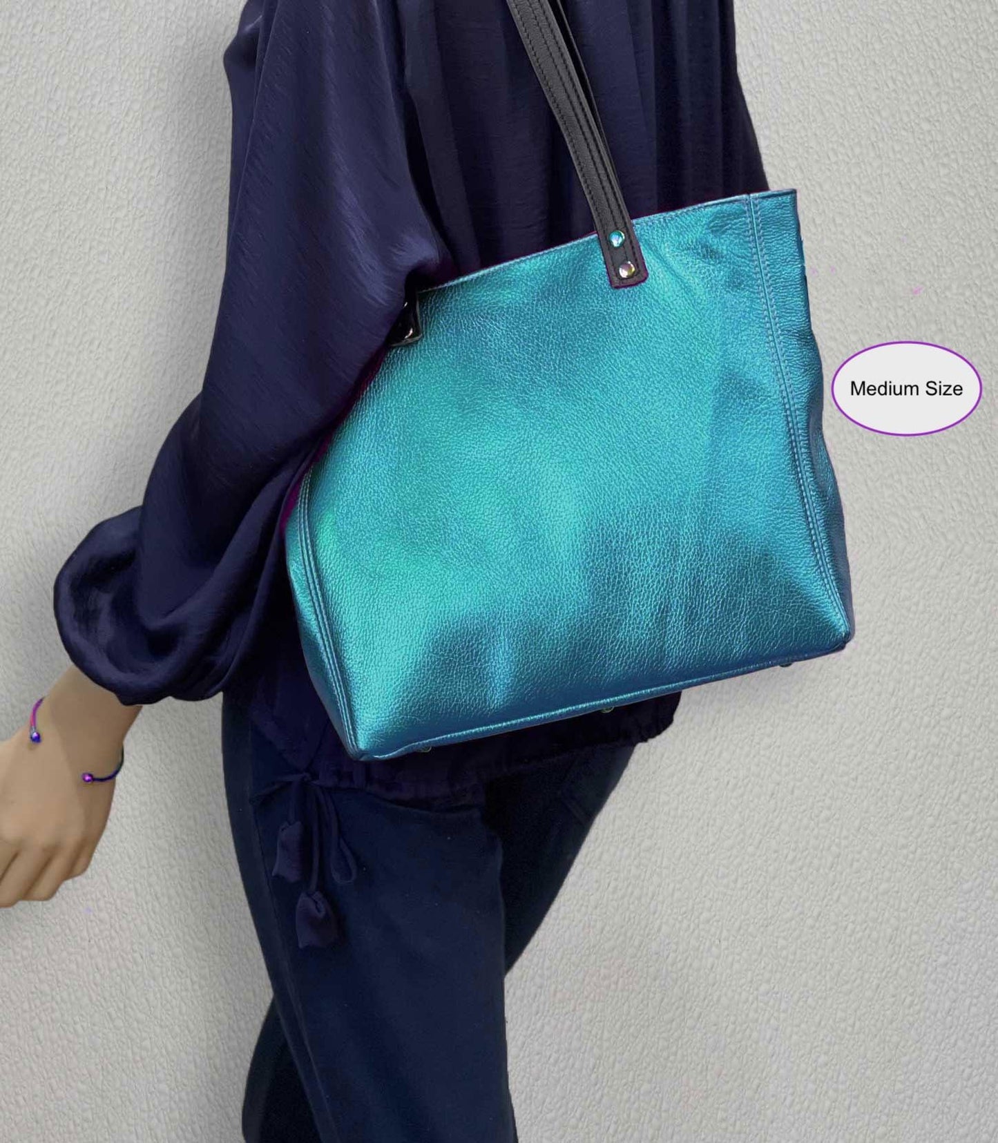 Metallic Turquoise Leather Tote, free leather zipper purse