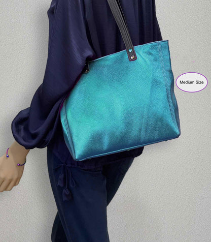 Metallic Turquoise Leather Tote, free leather zipper purse