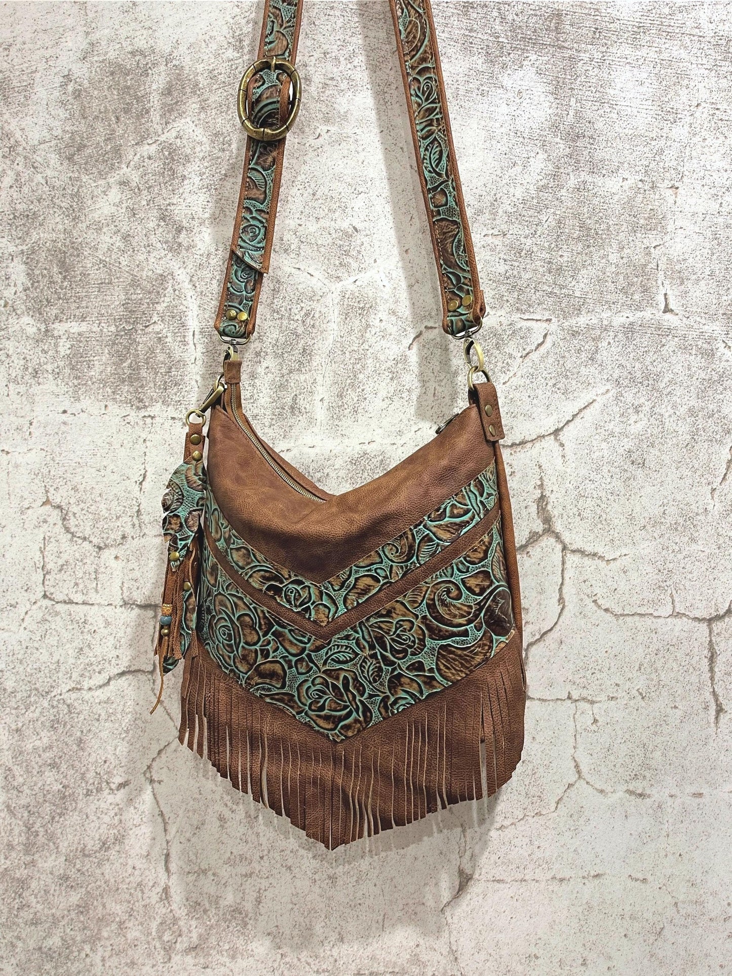 Tooled turquoise and brown Leather Fringe Bag