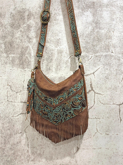 Tooled turquoise and brown Leather Fringe Bag