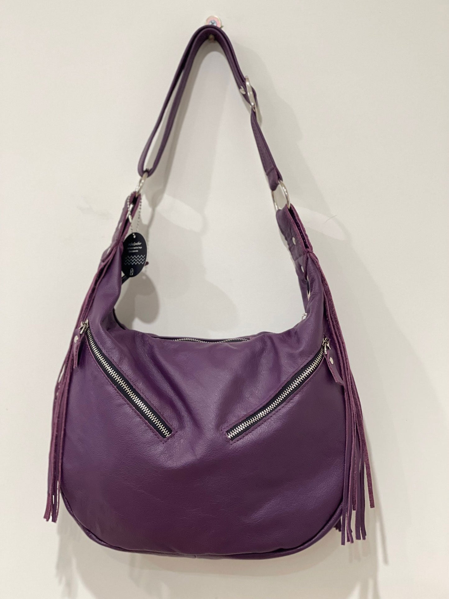 Purple leather Hobo, premium soft double layer leather fringe