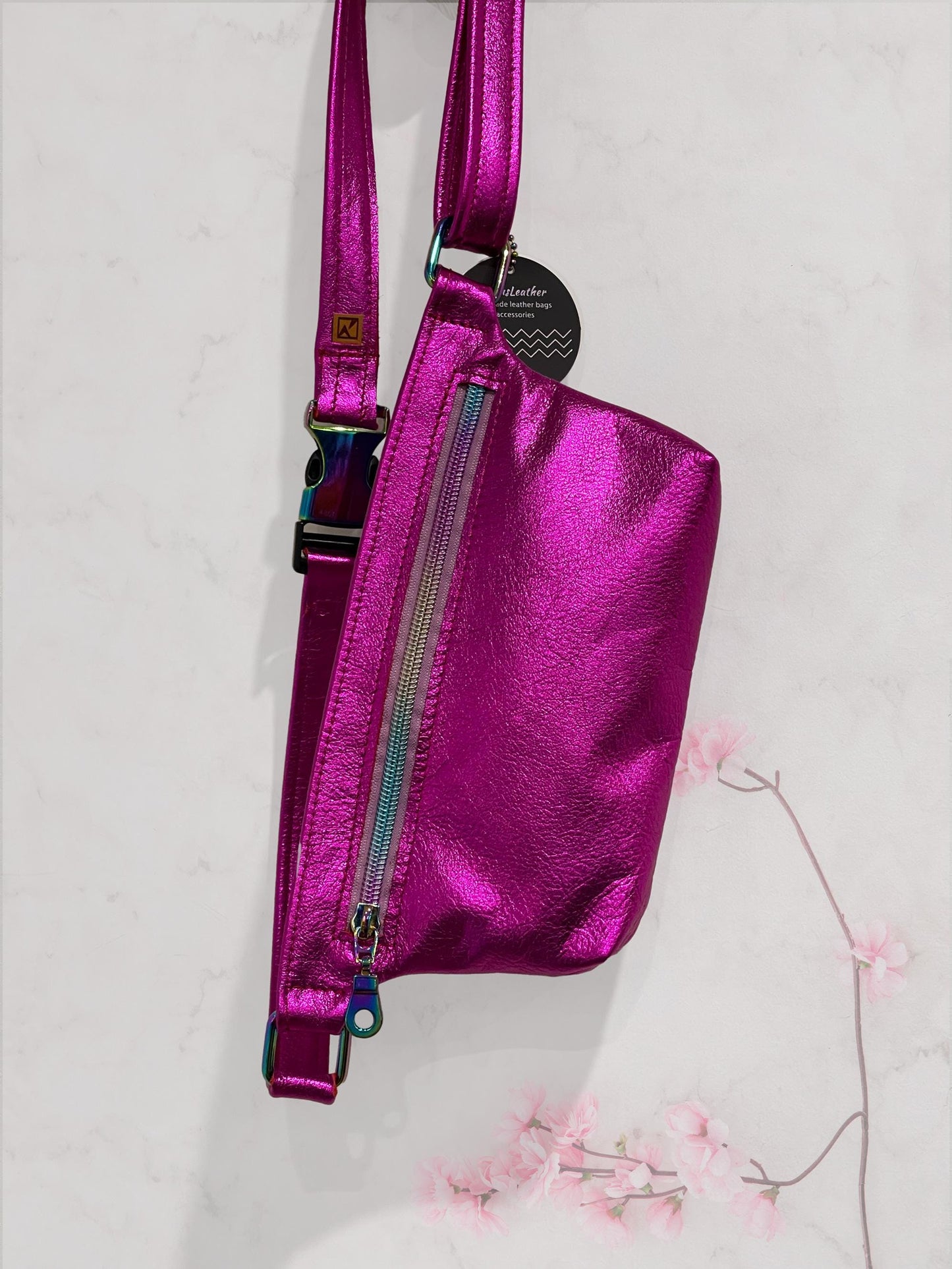 Metallic Fuchsia pink Leather hip bag, hot pink Leather fanny pack
