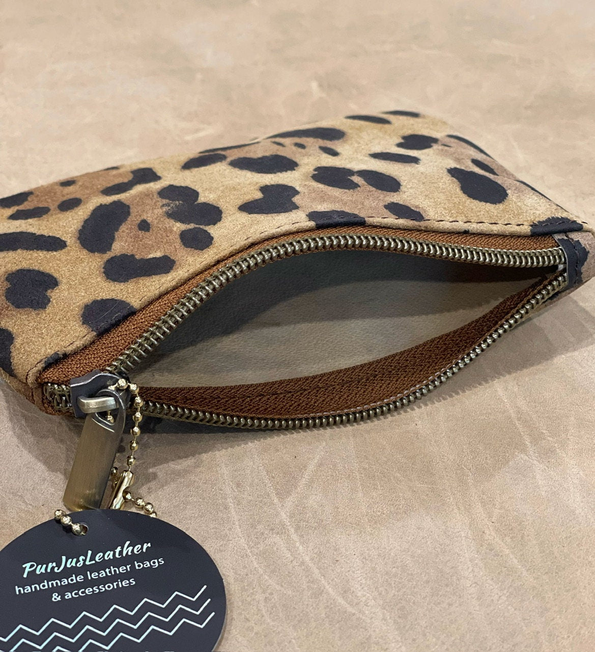 Leopard print nubuck leather zipper Purse, unlined