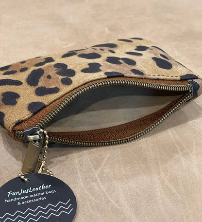 Leopard print nubuck leather zipper Purse, unlined