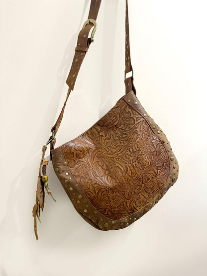 Studded Tooled brown Leather Hobo crossbody or shoulder Bag, 1 IN STOCK