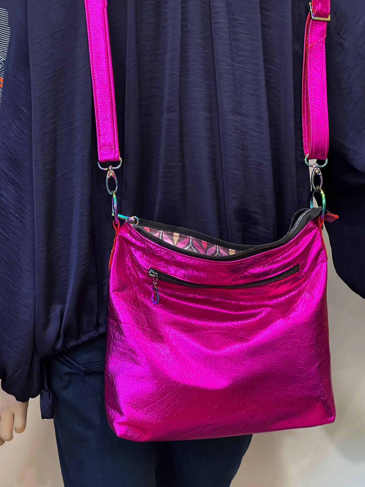 Metallic fuchsia pink crossbody bag