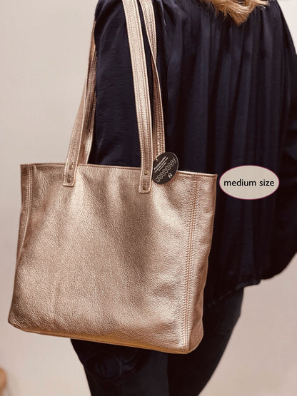 Metallic Peach Rose Gold Leather Tote, free zip purse