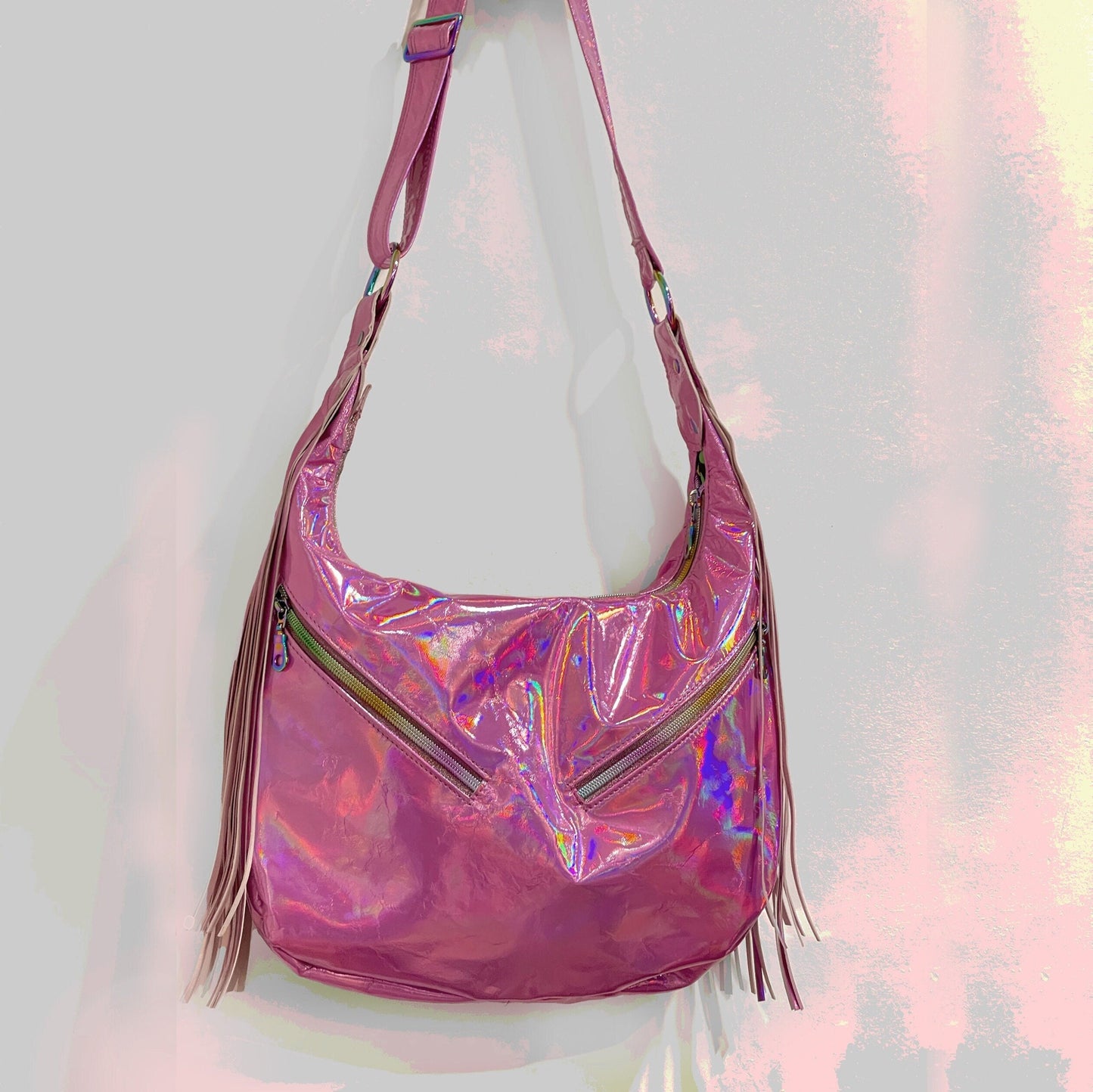 Holographic Pink Leather Hobo, Italian pink leather