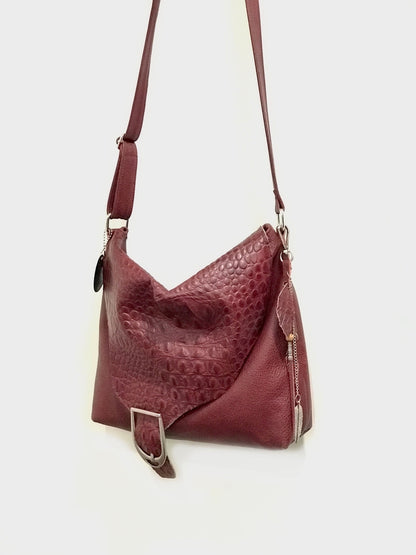 Red Croco Embossed leather Crossbody bag, Italian tooled leather, deep red
