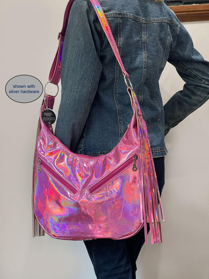 Holographic Pink Leather Hobo, Italian pink leather