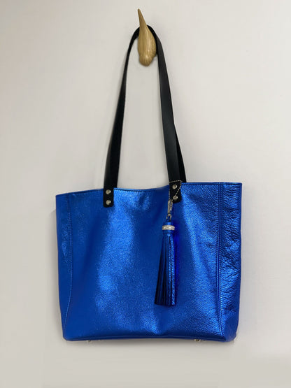 Metallic Cobalt Leather Tote, Soft relaxed luxury metallic leather, free leather purse, electric blue
