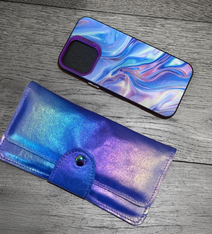 Aurora Rainbow blue tone Leather Wallet Purse or wristlet